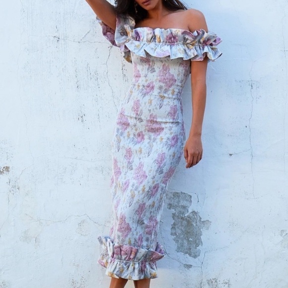 V Chapman Floral Lilac Midi Dress off the shoulder - Picture 2 of 7
